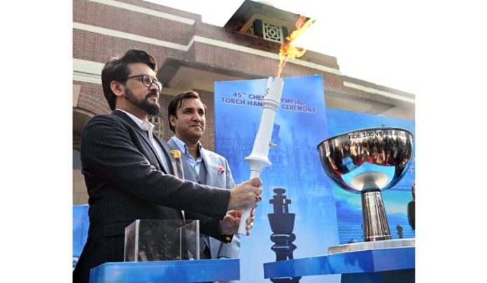 Union Minister for Information and Broadcasting, Youth Affairs and Sports, Anurag Singh Thakur attends 45th Chess Olympiad Torch Handoff Ceremony in New Delhi on Wednesday.(UNI)