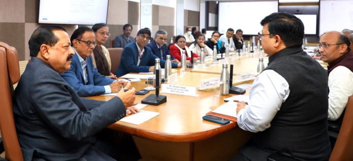 Union Minister Dr. Jitendra Singh convening the monthly joint meeting of different Science Ministries and Departments at the Science Centre, New Delhi on Sunday.