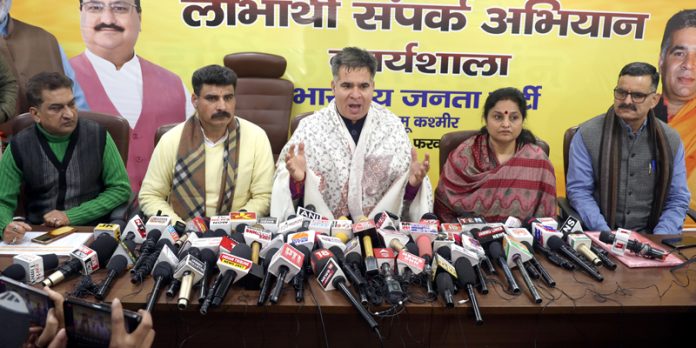 BJP leaders at a press conference at Jammu on Wednesday. —Excelsior/Rakesh