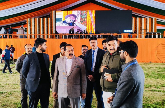Union Minister Dr. Jitendra Singh, accompanied by senior officers of Central and UT Governments, taking final review of arrangements for PM Modi's programme at M.A. Stadium, Jammu on Monday.