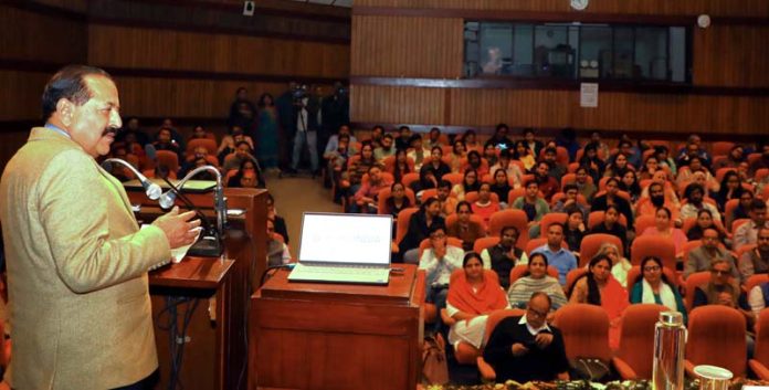 Union Minister Dr. Jitendra Singh, as chief guest, addressing the Foundation Day event of Biotechnology at National Institute of Immunology, New Delhi on Tuesday.