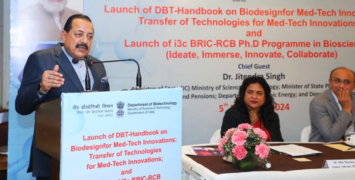 Union Minister Dr. Jitendra Singh delivering key-note address at the launch of “i3c BRIC-RCB PhD Programme” in Biosciences at India Habitat Centre, New Delhi, on Monday.