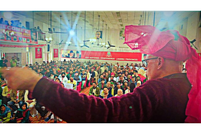 NC leader Omar Abdullah addressing party meeting in Jammu on Thursday.