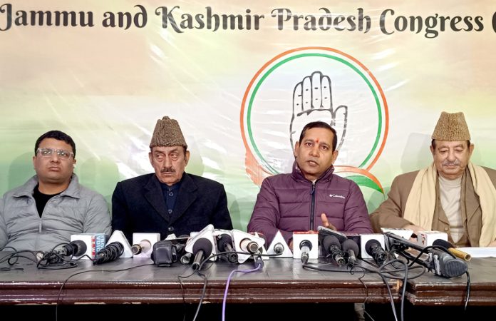 National spokesperson of Congress, Ajay Upadhay, during a press conference in Srinagar on Thursday. - Excelsior/Shakeel