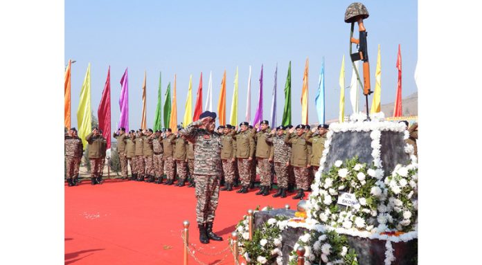 Nalin Prabhat, ADG CRPF J&K Zone with other senior officers paying homage to the Brave Martyrs at Lethpora Pulwama on Wednesday.(UNI)