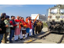MP Jugal Kishore Sharma flagging off pilgrims train to holy city of Ayodhya from Jammu on Tuesday.