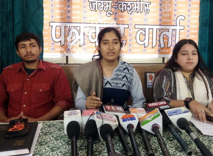 ABVP leaders addressing press conference at Jammu on Friday. -Excelsior/Rakesh