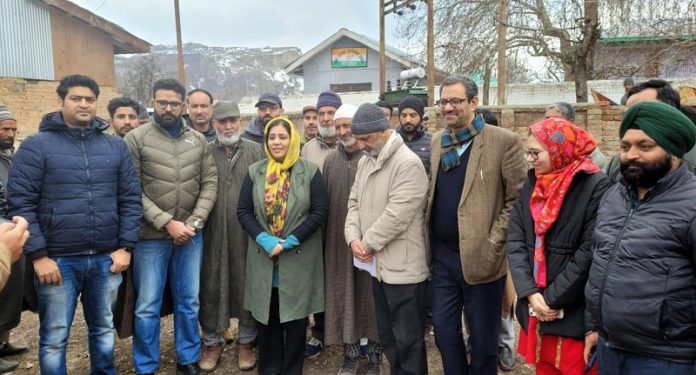 DG Rural Sanitation, J&K, Anoo Malhotra, flanked by other officials during visit to Budgam on Tuesday.