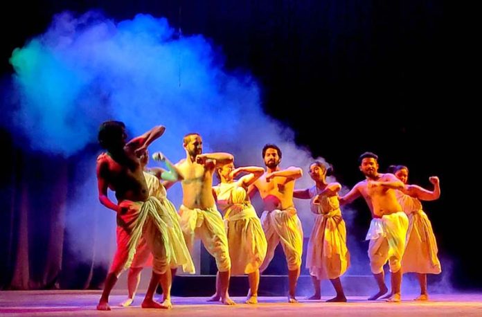 Artists staging a play at Tagore Hall during Rang Mahotsav Theatre Festival on Friday. -Excelsior/Shakeel