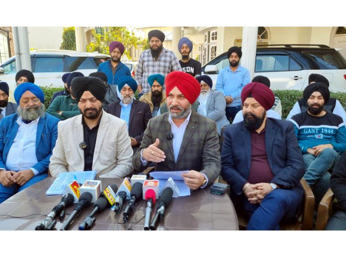 Members of Sikh Coordination Committee talking to media persons in Jammu on Sunday. -Excelsior/Rakesh