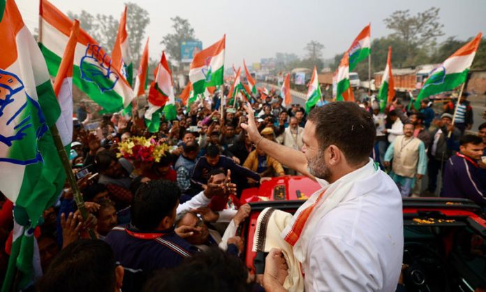 Congress leader Rahul Gandhi waving supporters during Bharat Jodo Nyay Yatra at Murshidabad in West Bengal on Thursday. (UNI)