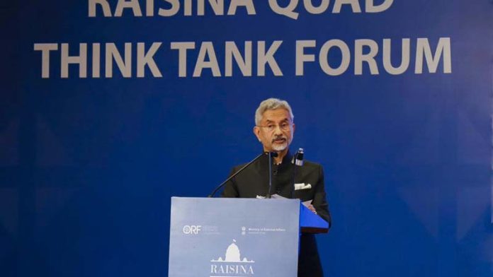 External Affairs Minister S. Jaishankar addresses the inaugural Quad Think Tank Forum on the sidelines of the Raisina Dialogue 2024, in New Delhi, on Saturday.