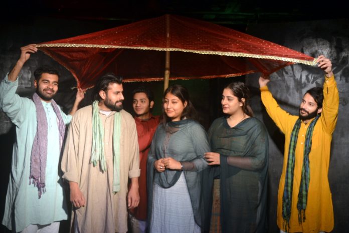 A scene from the play ‘Mera Ghar Mera Sapna’ staged at Jammu on Sunday.
