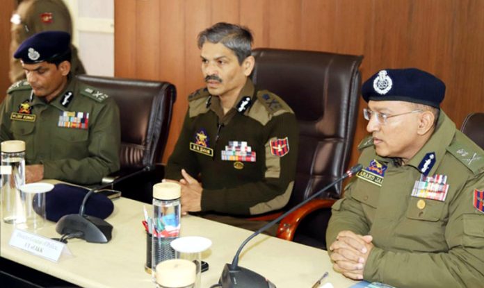 DGP RR Swain chairing a meeting of the police officers in Jammu on Thursday.