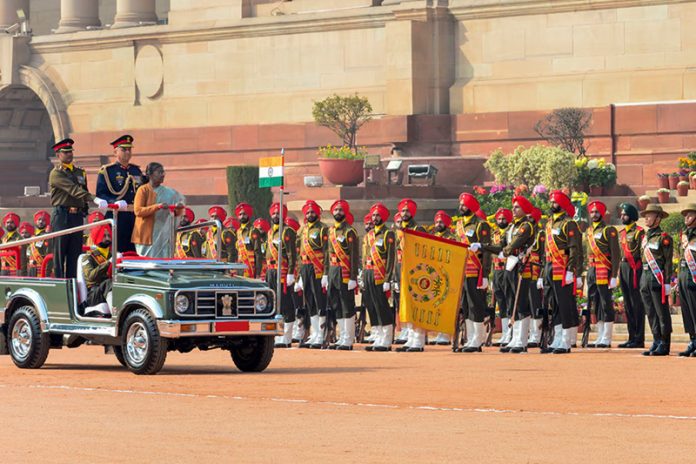 President Droupadi Murmu inspects the Guard of Honour during the ceremonial change-over of the Army Guard Battalion stationed at Rashtrapati Bhavan, in New Delhi.