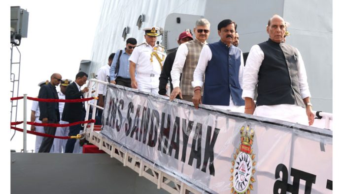 Defence Minister Rajnath Singh visiting INS Sandhayak during commissioning ceremony at the Naval Dockyard, in Visakhapatnam on Saturday. (UNI)