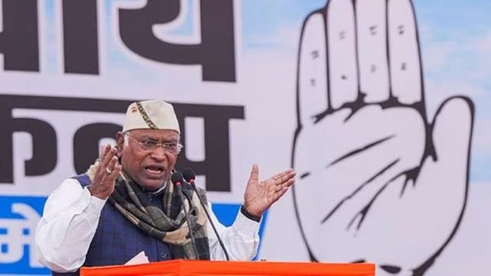 Congress President Mallikarjun Kharge speaks during party's Nyay Sankalp Workers’ Convention, in New Delhi.