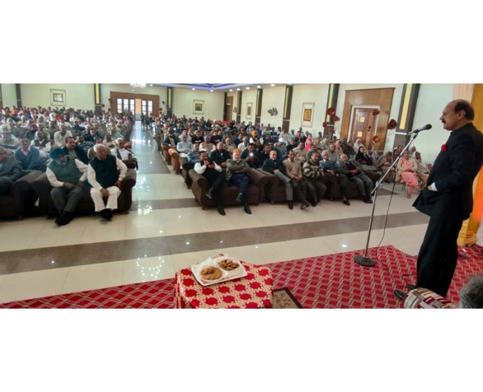 Former Minister and BJP vice president, Surjit Singh Slathia addressing a meeting of BJP’s Refugees Cell at Vijaypur on Tuesday.