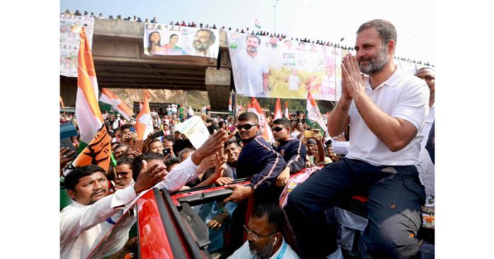 Congress leader Rahul Gandhi waving supporters during Bharat Jodo Nyay Yatra, in Rourkela on Wednesday. (UNI)