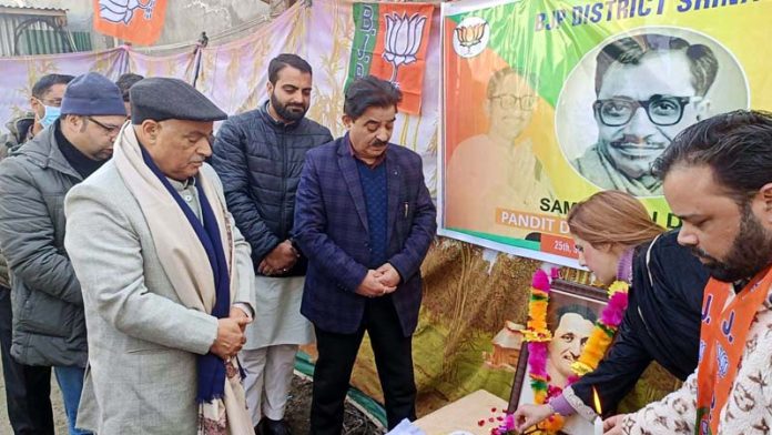 BJP leaders paying floral tribute to former Jana Sangh president, Pt Deendayal Upadhyay at Jammu on Sunday