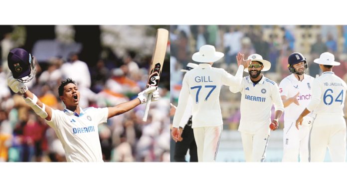 Yashasvi Jaiswal raising bat during his double ton(L) and Indian players celebrating victory against England (R) at Rajkot on Sunday.