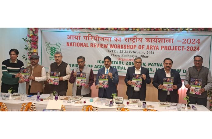 Dignitaries releasing the publications of KVK, Reasi during ARYA workshop.