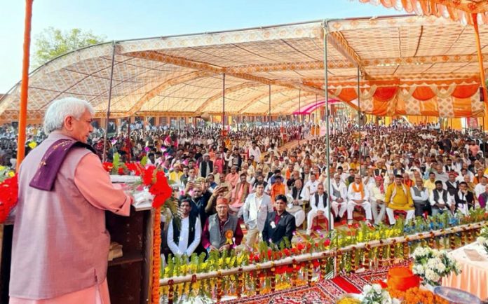 Lieutenant Governor Manoj Sinha speaking during festival of Shri Jagjivan Ram Inter College at Ghazipur.