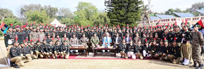 LG Manoj Sinha posing for a group photograph with NCC cadets on Monday.