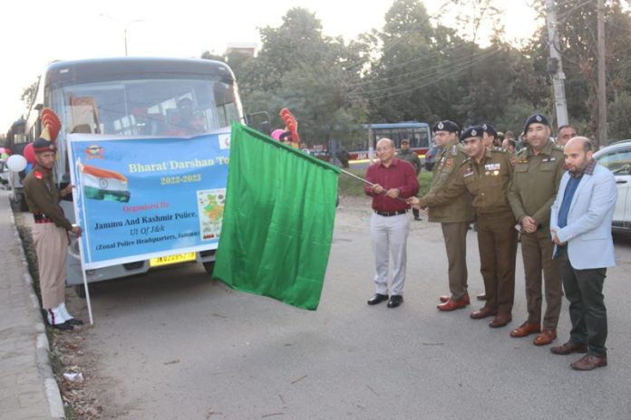 ADGP Jammu Zone, Anand Jain, flagging off a group of students to Bengaluru under the Bharat Darshan Tour, from Jammu on Sunday.