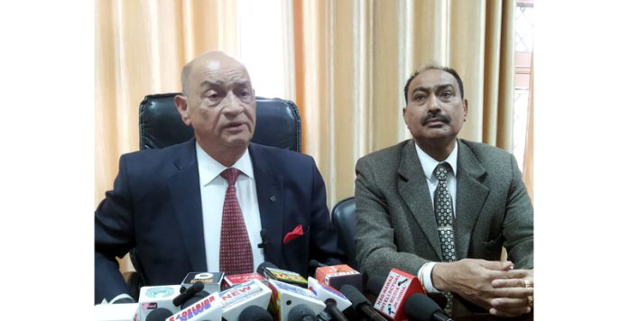 Dharmarth Trust President and Secretary addressing press conference at Jammu on Tuesday.