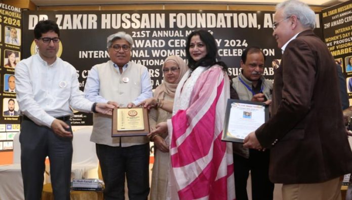 Ruchi Chouhan, Founder Fahad Mir Foundation receiving an award during a function held on Thursday.