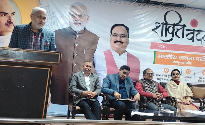 Sham Lal Sharma, former Minister and BJP vice president addressing a party meeting at Jammu on Monday.