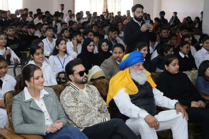 Students enjoying the performance by Punjabi singer and Actors at Aryans Campus on Monday.
