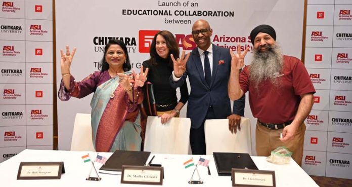 Dr Chris Howard, COO & Executive Vice President, ASU along with Dr Madhu Chitkara, Pro-Chancellor of Chitkara University announcing collaboration between two Universities on Wednesday.