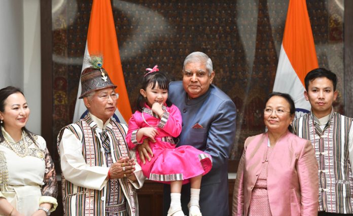 Rajya Sabha Chairman Jagdeep Dhankar with the family members of newly elected Member, Doorjee Tshering Lepcha after taking Oath at Parliament house, in New Delhi on Tuesday. (UNI)