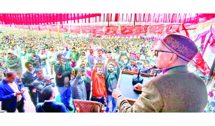 NC vice president Omar Abdullah addressing a public rally at Damhal Hanjipora in Kulgam. —Excelsior/Sajad Dar