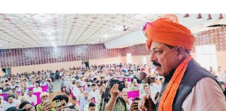 Union Minister Dr Jitendra Singh addressing a public meeting during election campaign in Kathua city on Thursday.