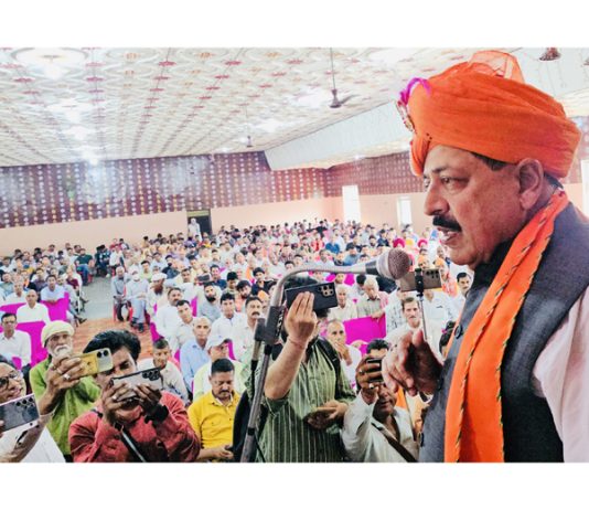 Union Minister Dr Jitendra Singh addressing a public meeting during election campaign in Kathua city on Thursday.