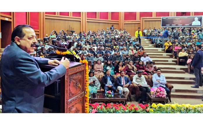 Union Minister Dr Jitendra Singh speaking at the launch of PM-SURAJ via video conferencing at Convention Centre, Jammu on Wednesday.