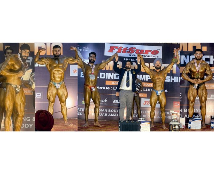 J&K Bodybuilders posing during Mr North India Championship at Ludhiana.