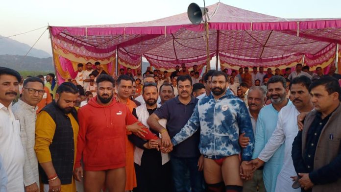 Wrestlers being introducing before bout at Akhnoor on Tuesday.