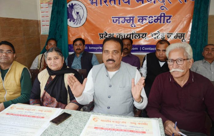 Organizing Secretary BMS J&K and Ladakh, Ashok Choudhary addressing a press conference at Jammu on Sunday.