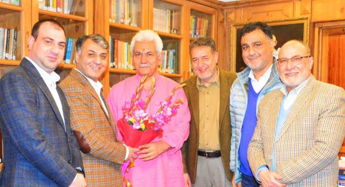 Delegation of Kashmir Chamber of Commerce and Industry during meeting with LG Manoj Sinha in Srinagar.