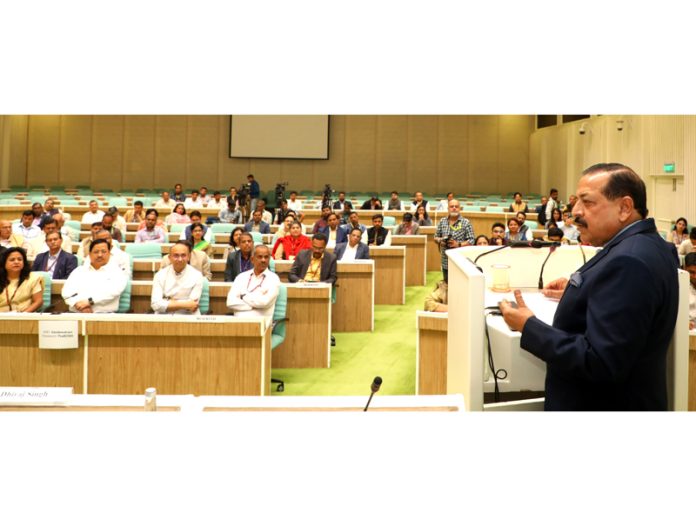Union Minister Dr. Jitendra Singh speaking after releasing a report on 'A decade of Science & Technology Panorama for 'Atma Nirbhar Bharat', at Vigyan Bhawan, New Delhi on Thursday.