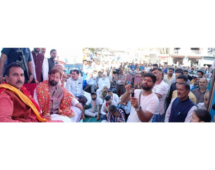 Congress candidate for Udhampur Lok Sabha Constituency, Ch. Lal Singh along with others during a public meeting at Billawar on Saturday.