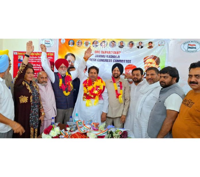 Congress candidate from Jammu Parliamentary seat Raman Bhalla along with other party leaders at party headquarters, Jammu.