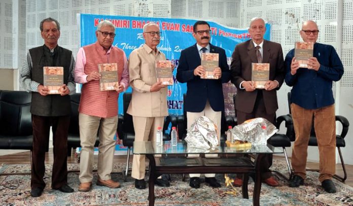 Dignitaries releasing Dr R L Bhat's book at Writers Club Jammu on Tuesday.