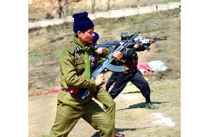 DGP participating in a drill at a firing range at CTC Lethpora in Pulwama on Saturday.