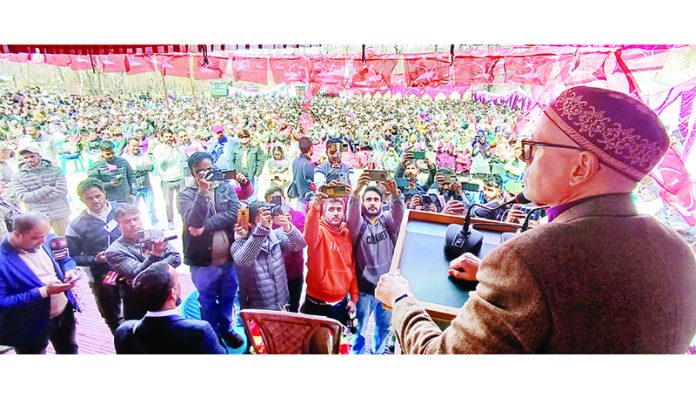 NC vice president Omar Abdullah addressing a public rally at Damhal Hanjipora in Kulgam. —Excelsior/Sajad Dar