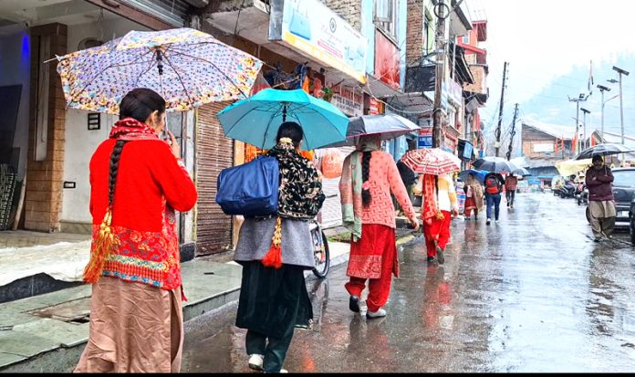 Taking umbrella cover, women moving amidst rain in Bhaderwah town on Friday. Another pic on page 6. — Excelsior/Tilak Raj